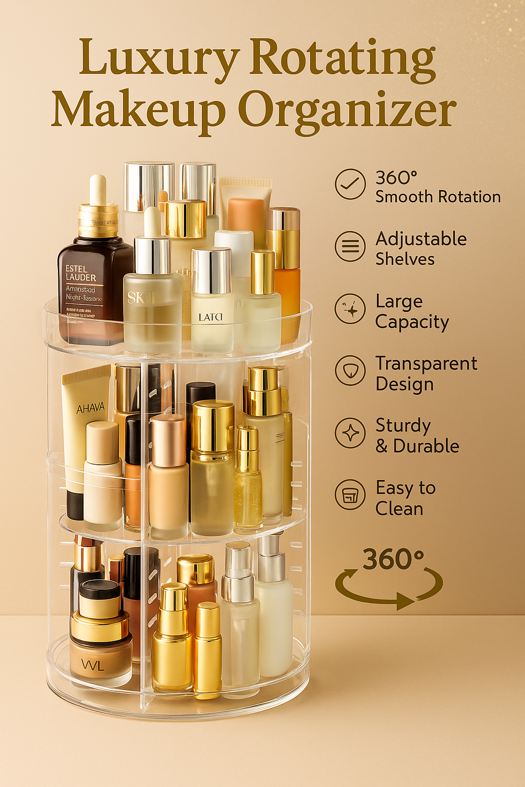 Transparent Rotating Makeup Organizer – 360° Clear Cosmetic Storage Stand
