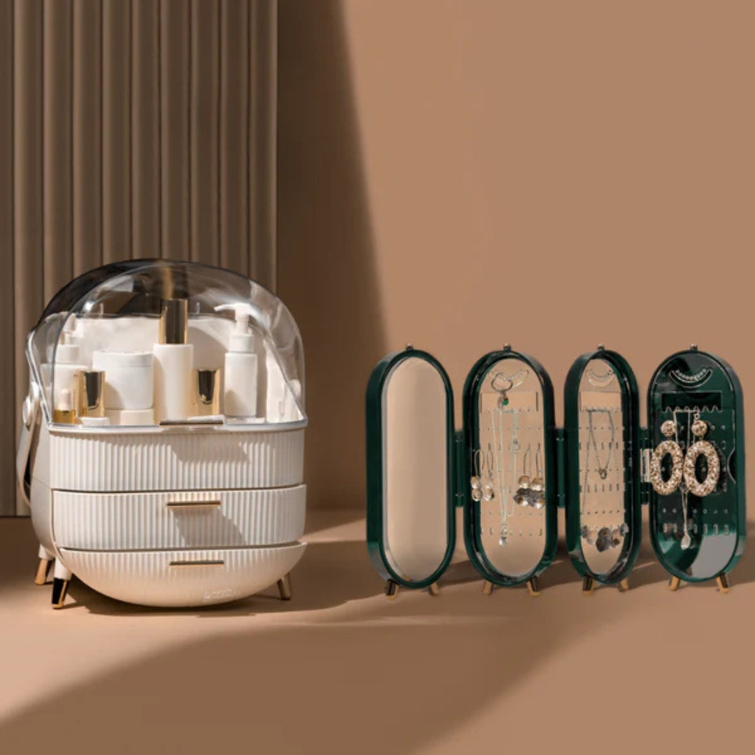 Luxury Portable Cosmetic Organizer Box with Lid & Drawers – Makeup & Skincare Storage