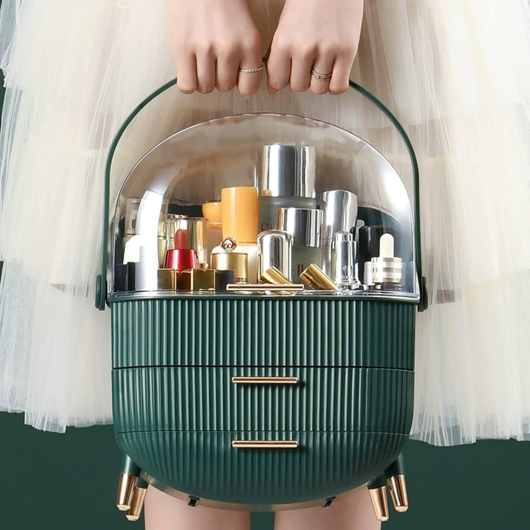 Luxury Portable Cosmetic Organizer Box with Lid & Drawers – Makeup & Skincare Storage