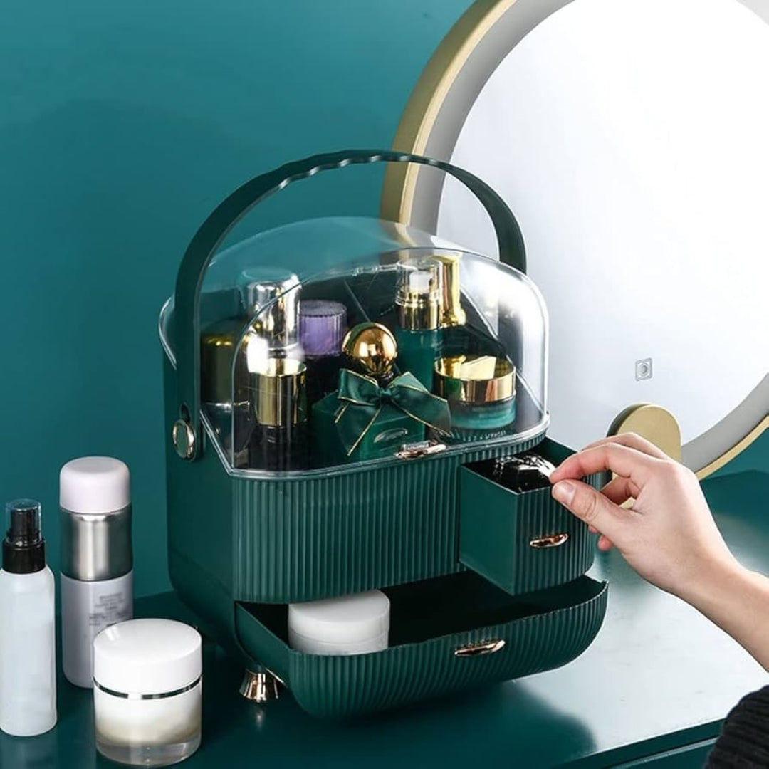 Luxury Portable Cosmetic Organizer Box with Lid & Drawers – Makeup & Skincare Storage