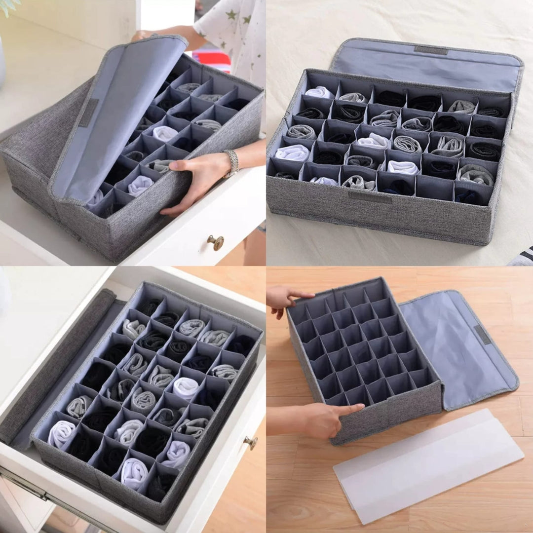 Foldable 30-Grid Socks & Underwear Organizer Box – Space-Saving Storage Solution Smarty Ways