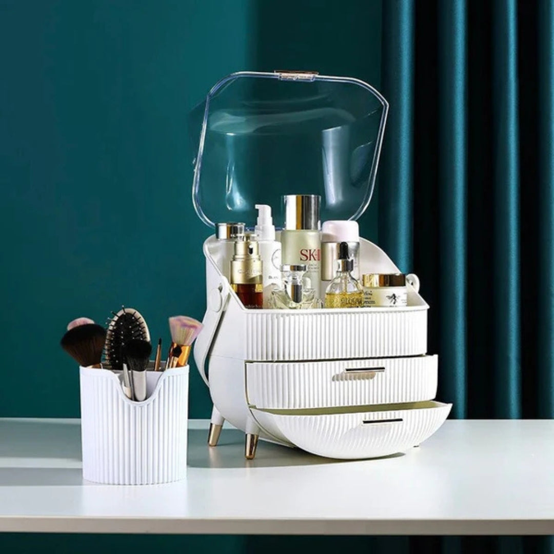 Luxury Portable Cosmetic Organizer Box with Lid & Drawers – Makeup & Skincare Storage
