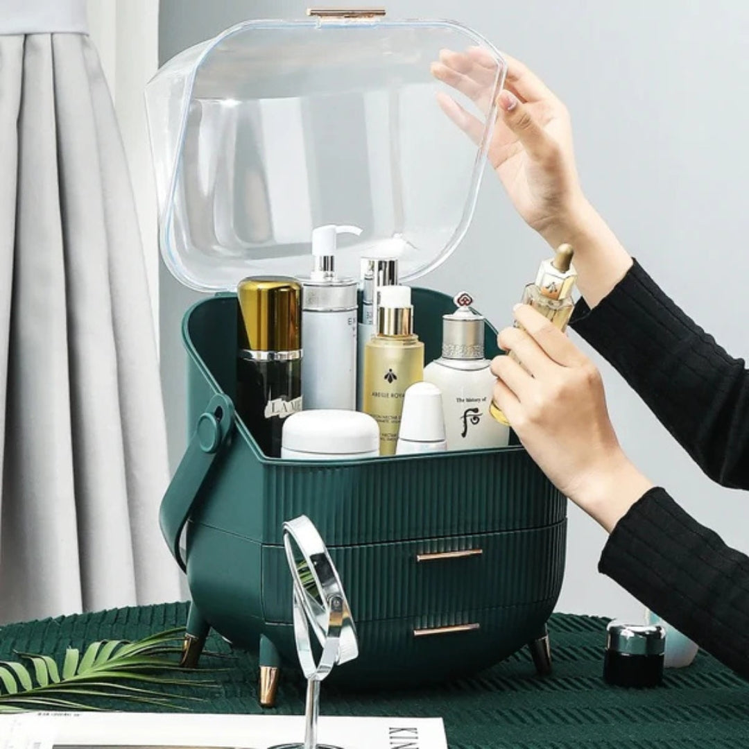 Luxury Portable Cosmetic Organizer Box with Lid & Drawers – Makeup & Skincare Storage