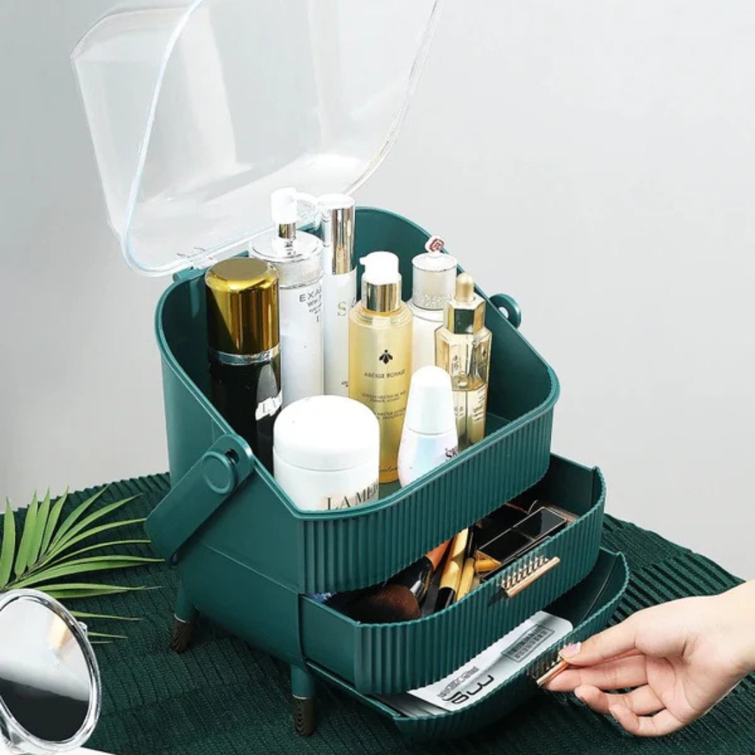 Luxury Portable Cosmetic Organizer Box with Lid & Drawers – Makeup & Skincare Storage
