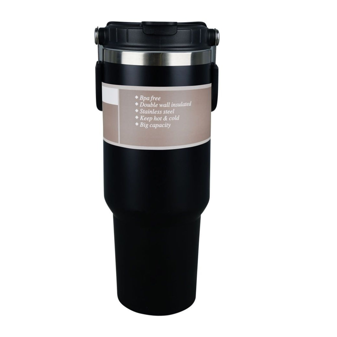 Flip Straw Coffee Tumbler With Handle – 30oz Insulated Mug | BLACK
