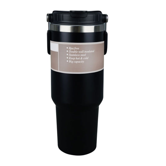 Flip Straw Coffee Tumbler With Handle – 30oz Insulated Mug | BLACK